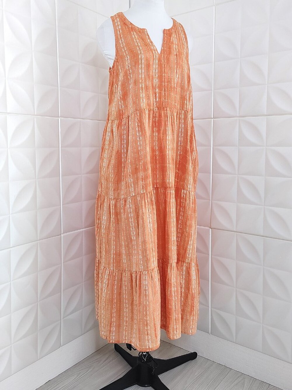 Cotton Tiered Maxi Dress Orange Sleeveless Woven Natural Fiber Cottage J. Jill M